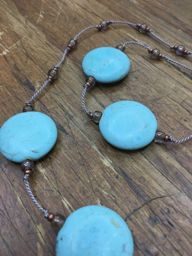 Hand-knotted floating turquoise coin stone necklace