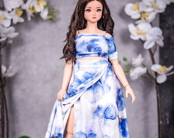 Self Wrap skirt  set Pear body dress  for bjd 1/3 scale doll like Smart Doll pear body blue