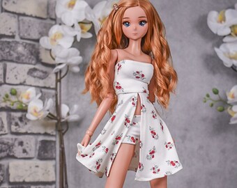 Slit tunic and shorts set  for bjd 1/3 scale doll like Smart Doll white floral