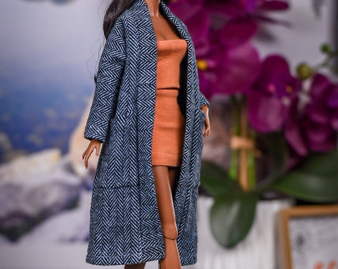 Flannel coat for 1/6 scale doll clothes to fit Poppy Parker or other similar 1/6 fashion doll clothes. dark indigo