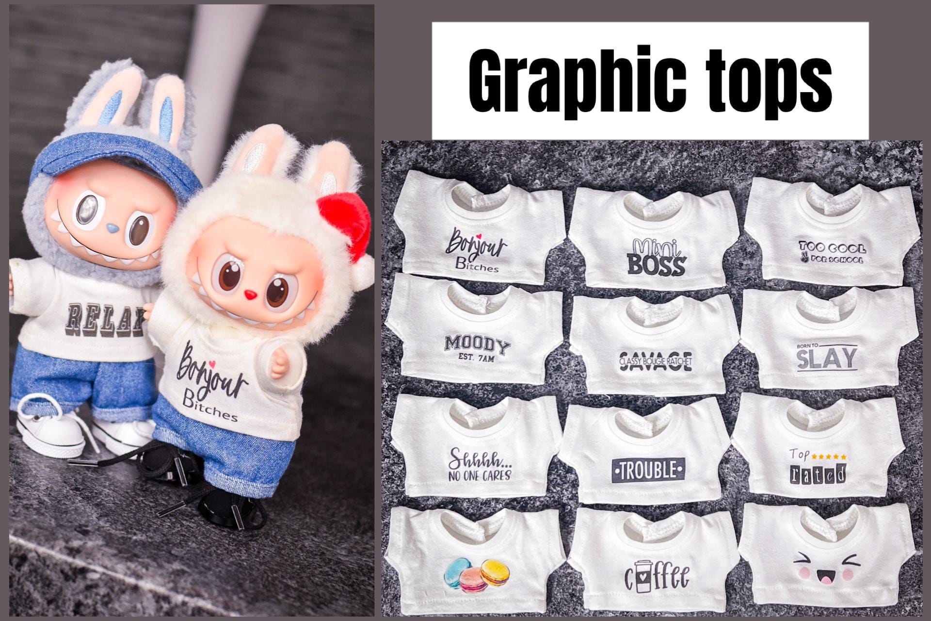 Graphic top to fit Labubu for 1/6 scale plush doll clothes or other similar 1/6 scale doll