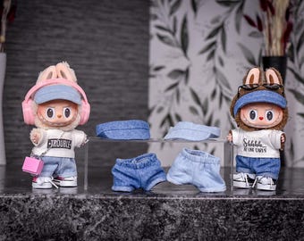 Denim shorts/visor to fit Labubu for 1/6 scale plush doll clothes or other similar 1/6 scale doll