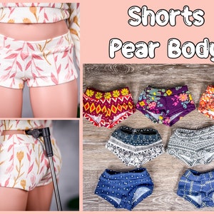 Op de afbeelding: Zeven paar shorts in verschillende kleuren en patronen, waaronder bloemen, geometrische patronen en ruitjes. De tekst "Shorts Pear Body" wordt bovenaan de afbeelding weergegeven.