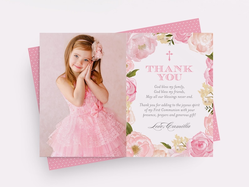 Pink Communion Thank You Cards Communion Photo Thank You Etsy