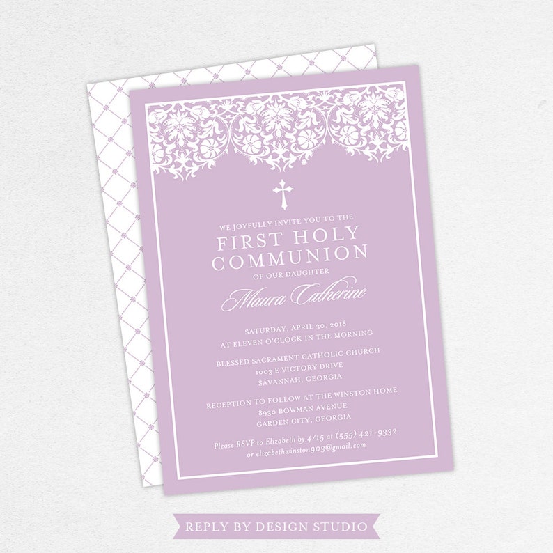 Purple Communion Invitations First Holy Communion Etsy