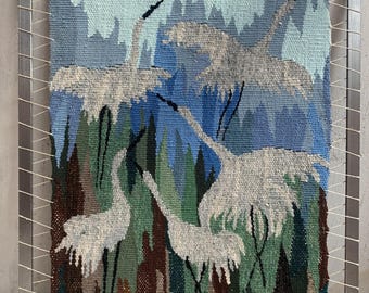 Magic Cranes Tapestry / Vintage Swedish Handwoven Tapestry / Gorgeous Swedish Storks apestry in the Metal Frame / Flemish Style Wall hanging