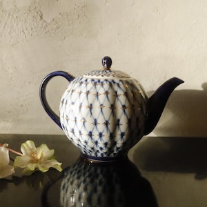 Lomonosov Porcelain Cobalt Net Tea Pot / Iconic Decor Cobalt net