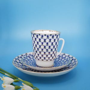 Iconic Lomonosov Porcelain &#39;Cobalt Net&#39; Mismatched Set / LFZ bone china coffee cup, porcelain coffee cup saucer and tea cup saucer