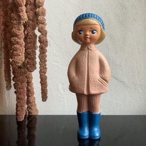Unique Vintage Rubber Doll Girl / Gorgeous Vintage Girl Doll in Pink Jacket and Blue Hat