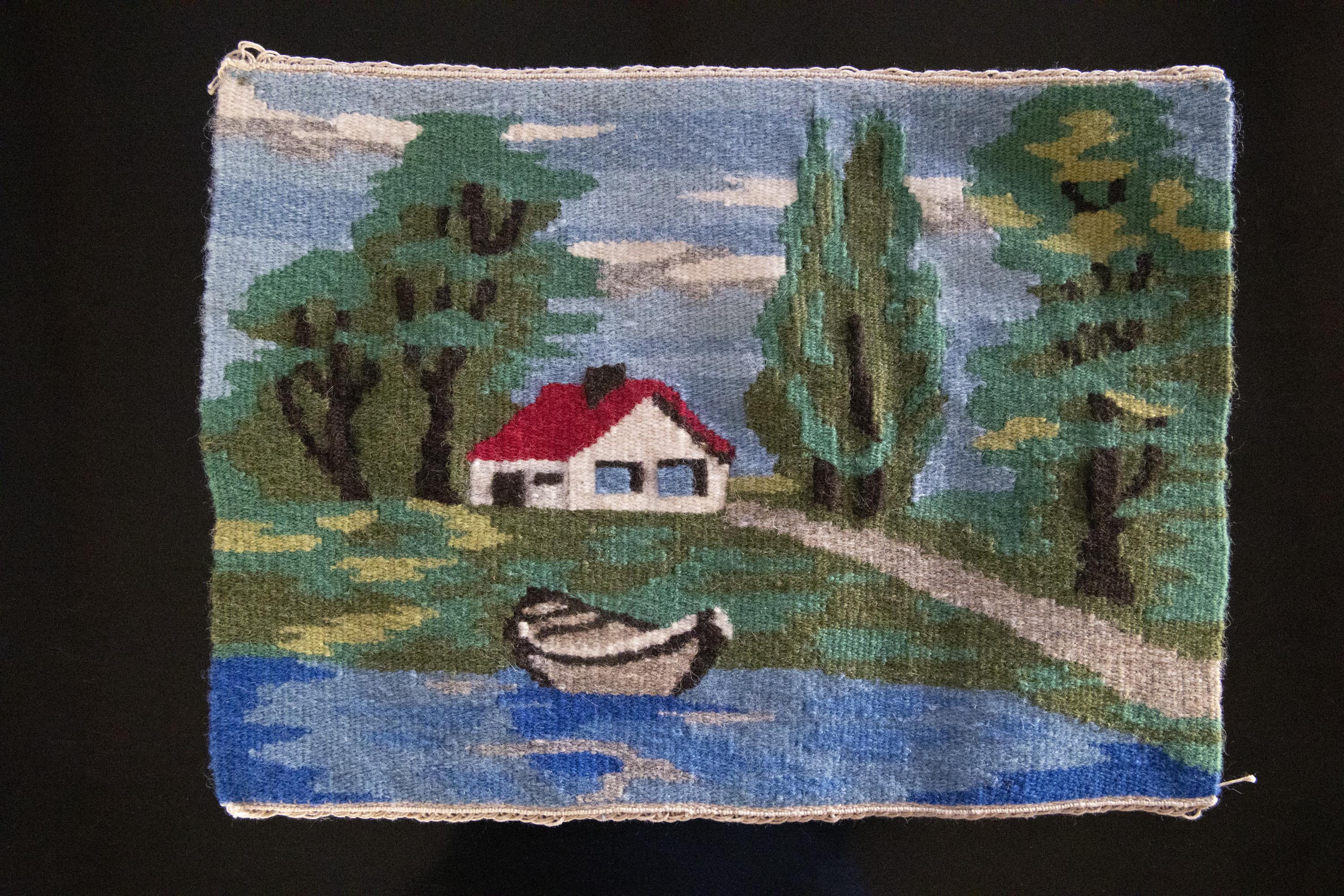 Beautiful Landscape Tapestry / Vintage Swedish Handwoven Tapestry / Swedish House with Lake and Boat / Swedish Wall hanging