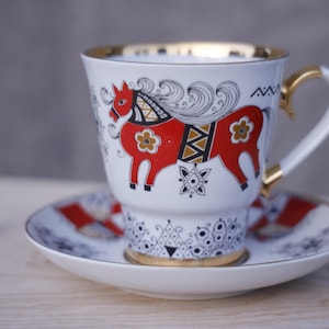 Gorgeous Lomonosov Porcelain Red Horse and Flowers Coffee Set / LFZ coffee cup and saucer