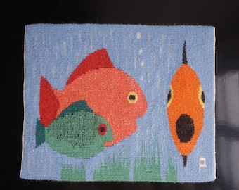 Vintage Swedish Handwoven Tapestry - Gorgeous Fish Pattern Wall Hanging - Swedish Wall hanging