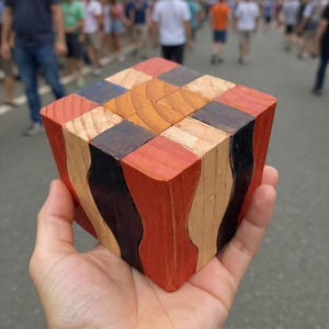 Puede incluir: Un cubo de rompecabezas de madera con un dise&ntilde;o geom&eacute;trico. La superficie superior presenta una cuadr&iacute;cula de peque&ntilde;os cuadrados en varios colores, incluyendo rojo, azul y tonos de madera natural. Los lados tienen un patr&oacute;n ondulado en rojo, negro y madera natural.
