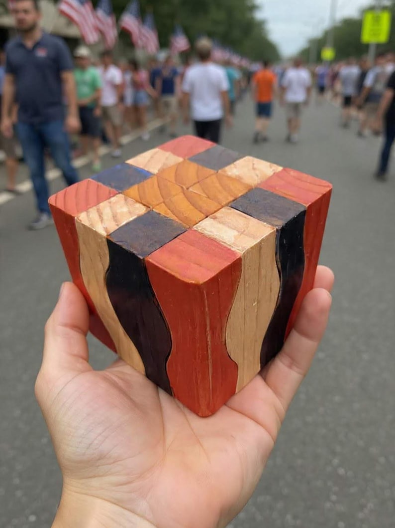 Puede incluir: Un cubo de rompecabezas de madera con un dise&ntilde;o geom&eacute;trico. La superficie superior presenta una cuadr&iacute;cula de peque&ntilde;os cuadrados en varios colores, incluyendo rojo, azul y tonos de madera natural. Los lados tienen un patr&oacute;n ondulado en rojo, negro y madera natural.