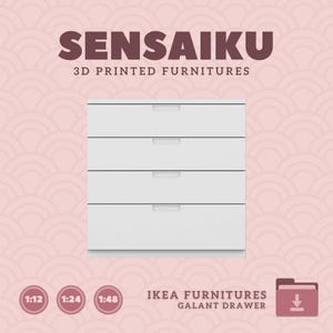 May include: White 3D printed dresser with four drawers. The dresser is a replica of the IKEA Galant drawer. The image includes the text "SENSAIKU 3D PRINTED FURNITURES" and "IKEA FURNITURES GALANT DRAWER".