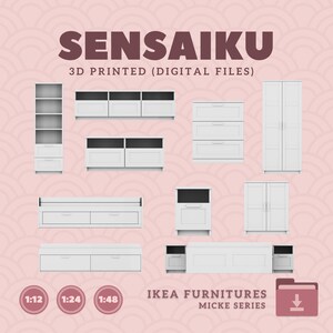 May include: White IKEA furniture designs, including a bookcase, dressers, and cabinets, are displayed against a pink background. The text "SENSAIKU" and "3D PRINTED (DIGITAL FILES)" are at the top. The bottom text reads "IKEA FURNITURES MICKE SERIES".
