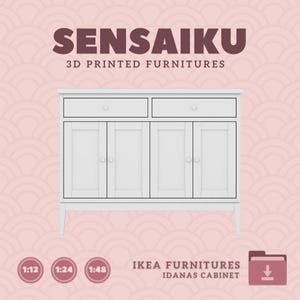 May include: White cabinet with four doors and two drawers. The cabinet is on a pink background with a pattern of overlapping circles. The text "SENSAIKU 3D PRINTED FURNITURES" is above the cabinet. The text "IKEA FURNITURES IDANAS CABINET" is below the cabinet. There are three circles with the text "1:12", "1:24", and "1:48" below the cabinet.