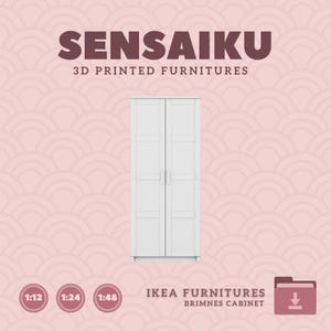 May include: White 3D printed model of a tall, double-door cabinet. The cabinet is labeled "IKEA FURNITURES BRIMMES CABINET".