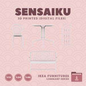 May include: 3D printable digital files of IKEA LOMMARP series furniture. The set includes a table, two chairs, a bench, and a shelf. The files are available in 1:12, 1:24, and 1:48 scales.