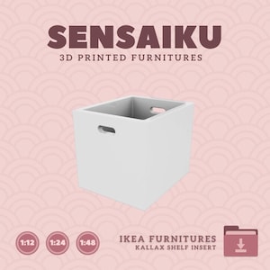 May include: White 3D printed cube shaped box with two cut-out handles on the sides. The box is designed to fit into a Kallax shelf. The text "IKEA FURNITURE KALLAX SHELF INSERT" is visible below the box.