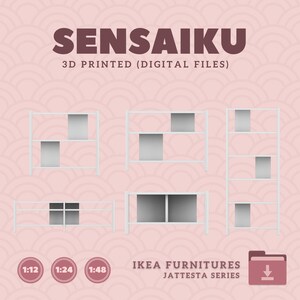May include: Digital download files for 3D printing of a white bookshelf. The design is based on the IKEA JATTESTA series. The image shows five different views of the bookshelf, including a full-length view, a close-up of the shelves, and a view of the back of the bookshelf. The image also includes the text "SENSAIKU 3D PRINTED (DIGITAL FILES)" and "IKEA FURNITURES JATTESTA SERIES".