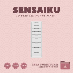 May include: White 3D printed IKEA Alex drawer unit with 9 drawers.  The drawer unit is on a pink background with a pattern of overlapping circles.  The text "SENSAIKU 3D PRINTED FURNITURES" is at the top of the image.  The text "IKEA FURNITURES ALEX DRAWER UNIT" is at the bottom of the image.