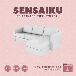 May include: White sectional sofa with a chaise lounge. The sofa is 3D printed and is a replica of an IKEA Finnala sofa. The image includes the text "SENSAIKU 3D PRINTED FURNITURES" and "IKEA FURNITURES FINNALA SOFA".