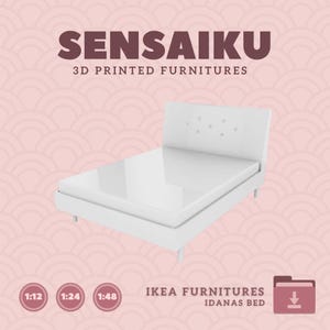 May include: White 3D printed model of an IKEA IDANAS bed. The bed has a tufted headboard and a simple frame. The image includes the text "SENSAIKU 3D PRINTED FURNITURES" and "IKEA FURNITURES IDANAS BED".