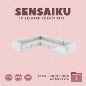 May include: White sectional sofa made of modular pieces. The sofa is 3D printed and is available in different scales: 1:12, 1:24, and 1:48. The image includes the text "IKEA FURNITURE JATTEBO SOFA".