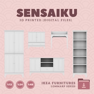 May include: 3D printable digital files of IKEA LOMMARP series furniture. The set includes a tall cabinet, a shorter cabinet with drawers, a desk, a TV stand, and a bookshelf. The files are available in 1:12, 1:24, and 1:48 scale.