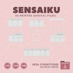 May include: A set of six 3D printable digital files for a white IKEA BATSKAR series furniture set. The set includes a cabinet, a shelf, and a counter with a built-in stovetop. The files are available in 1:12, 1:24, and 1:48 scale.