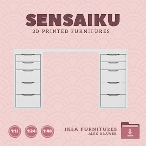 May include: White 3D printed model of an IKEA Alex drawer unit. The model is shown in a 1:12 scale. The image also includes the text "SENSAIKU 3D PRINTED FURNITURES" and "IKEA FURNITURES ALEX DRAWER".