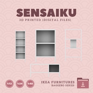 May include: 3D printable digital files of IKEA BAGGBO series furniture. The set includes three different shelf designs in white. The image also shows the scale options: 1:12, 1:24, and 1:48.
