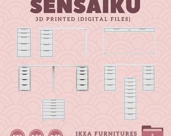 Könnte beinhalten: Eine Sammlung weißer IKEA Alex-Serienmöbelmodelle, darunter Schubladen und Schreibtische, vor einem rosa Hintergrund. Der Text "SENSAIKU" und "3D GEDRUCKT (DIGITALE DATEIEN)" stehen oben. Das Bild enthält auch Maßstabsmodelle 1:12, 1:24 und 1:48.