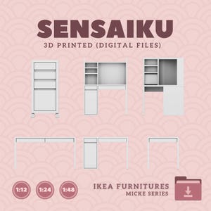 Może przedstawiać: Cyfrowe pliki do druku 3D mebli z serii MICKE firmy IKEA. Zestaw zawiera biurko, szafkę i szufladę. Modele są dostępne w skalach 1:12, 1:24 i 1:48.