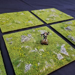 May include: Five square green and brown textured gaming tiles with a miniature figure of a warrior standing on one of the tiles.