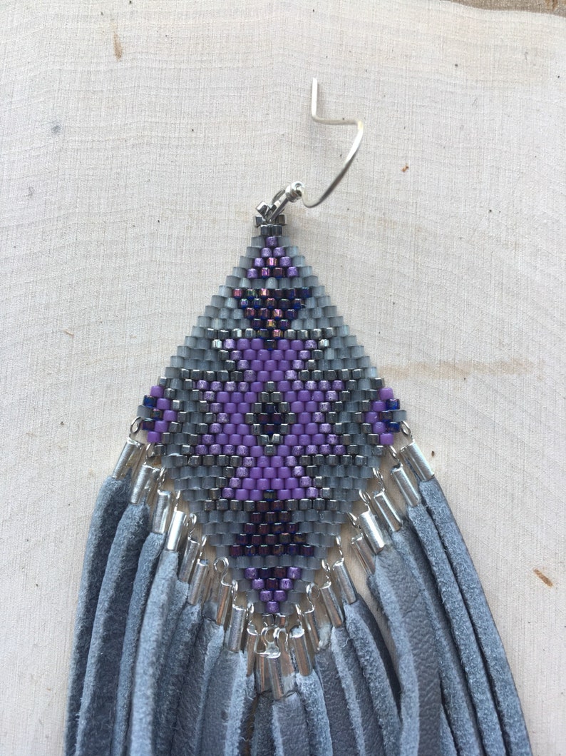 Amethyst wolf earrings native inspired textile design festival earrings leather fringe earrings bohemian earrings beaded earrings