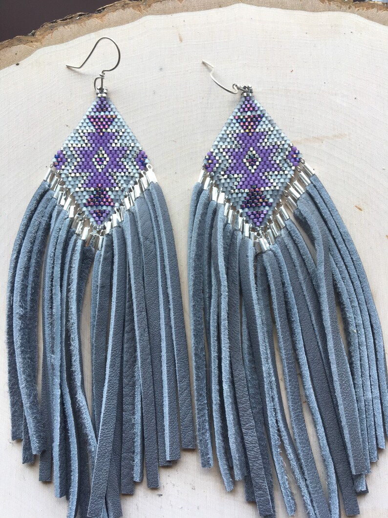 Amethyst wolf earrings native inspired textile design festival earrings leather fringe earrings bohemian earrings beaded earrings
