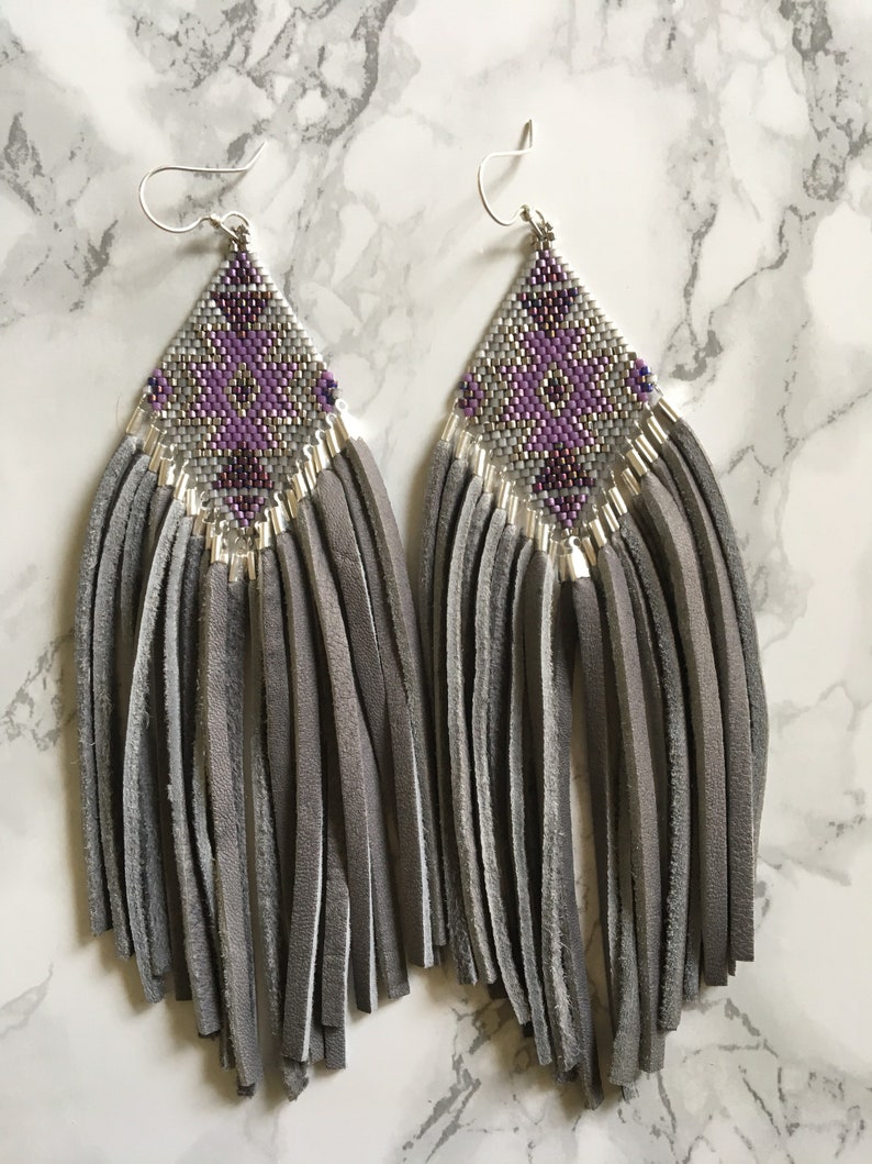Amethyst wolf earrings native inspired textile design festival earrings leather fringe earrings bohemian earrings beaded earrings
