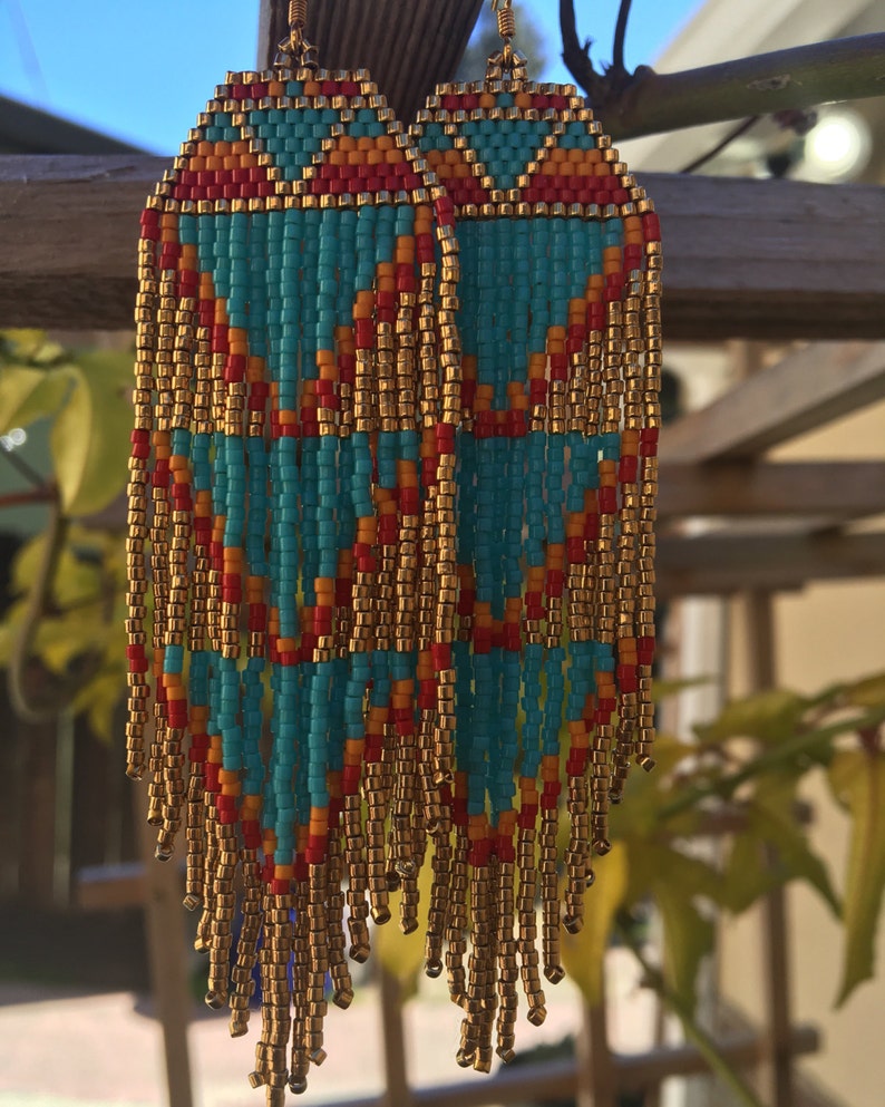 Triangle Flame Earrings Native American style boho earrings seed bead yoga jewelry tribal earrings beaded fringe earrings festival earrings