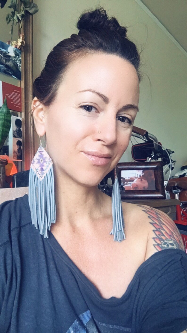 Amethyst wolf earrings native inspired textile design festival earrings leather fringe earrings bohemian earrings beaded earrings