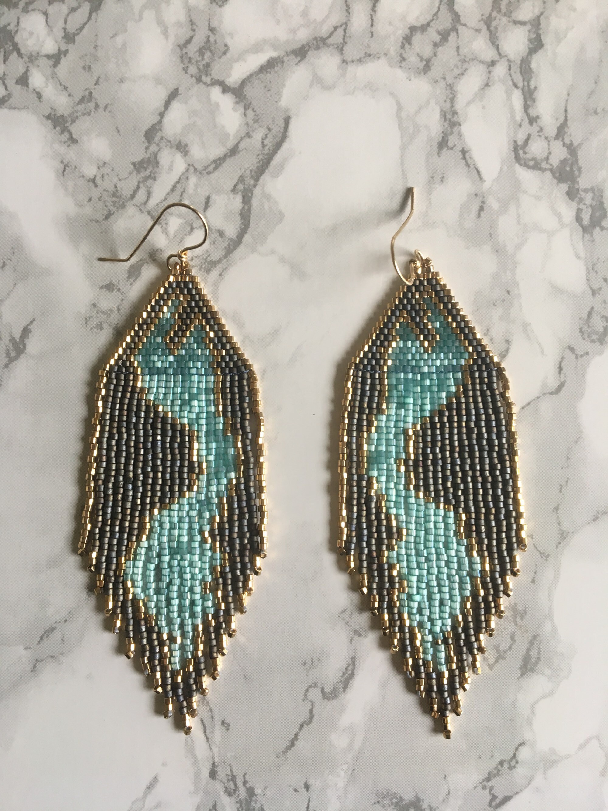 Aquamarine Geode Earrings Beaded Seed Bead Fringe Earrings Etsy