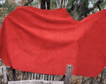 May include: A large, vibrant red piece of fabric, possibly a textile or hide, is displayed outdoors. The material is held up, showcasing its shape and texture. The background features natural elements like trees and foliage.