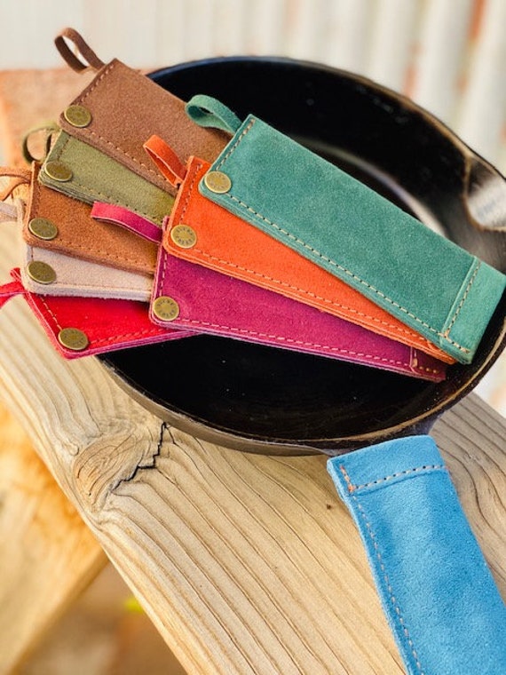 Leather, Suede Handle Holders. Pot Holder. Skillet Handle. Knife Sheath.  House Warming Gift, Wedding Gift, Real Estate Agent Closing Gift 