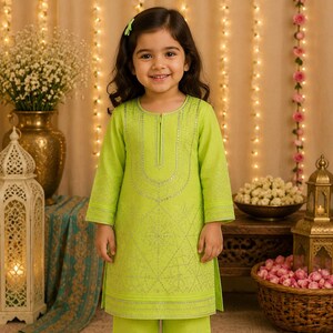 May include: A young child wearing a lime green outfit, consisting of a long-sleeved tunic and matching pants. The tunic features silver embroidery around the neckline and geometric patterns. The child is also wearing gold-colored shoes. The background includes decorative lanterns and floral arrangements.