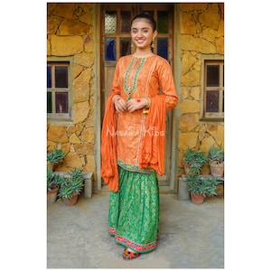 May include: A young person wearing a long-sleeved orange and green dress with gold embroidery. The dress has a matching dupatta and is paired with green pants. The person is standing in front of a stone wall with plants in pots.