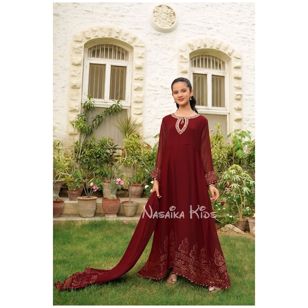 Burgundy Maroon Pakistani Girls 3pc formal suit