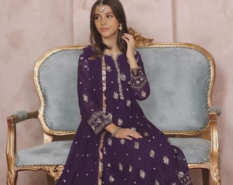 Traje formal pakistaní de 3 piezas para niñas, color morado.