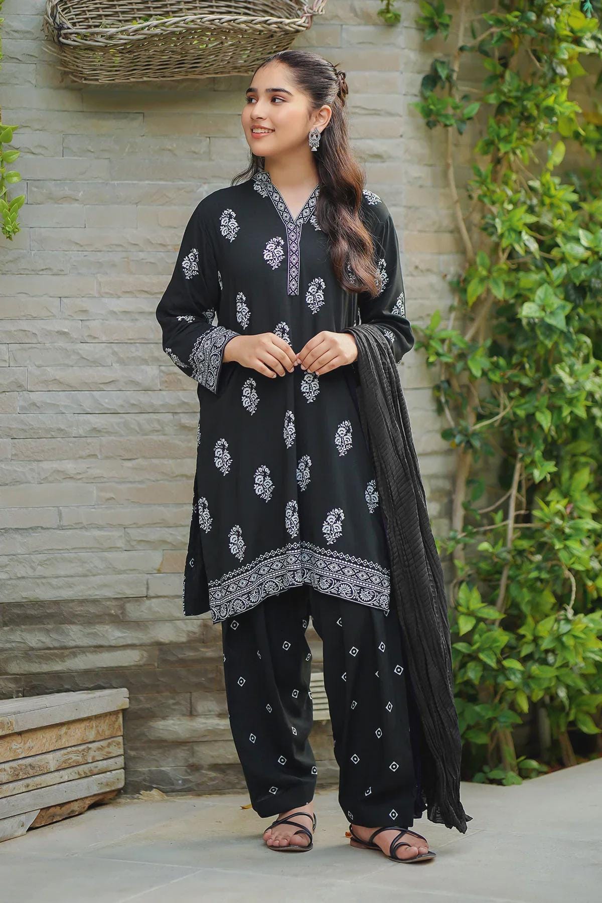 Black Pakistani Suit for Girls 3 Piece Salwar Kameez with Dupatta Monochrome Printed Ethnic Outfit