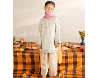 Mint Green Floral Girls Eastern Kurta Pajama Shalwar Kameez suit
